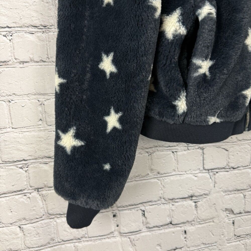Z Supply London Star Bomber Jacket Faux Fur Hooded Zip Up Womens S Navy White - Picture 12 of 13
